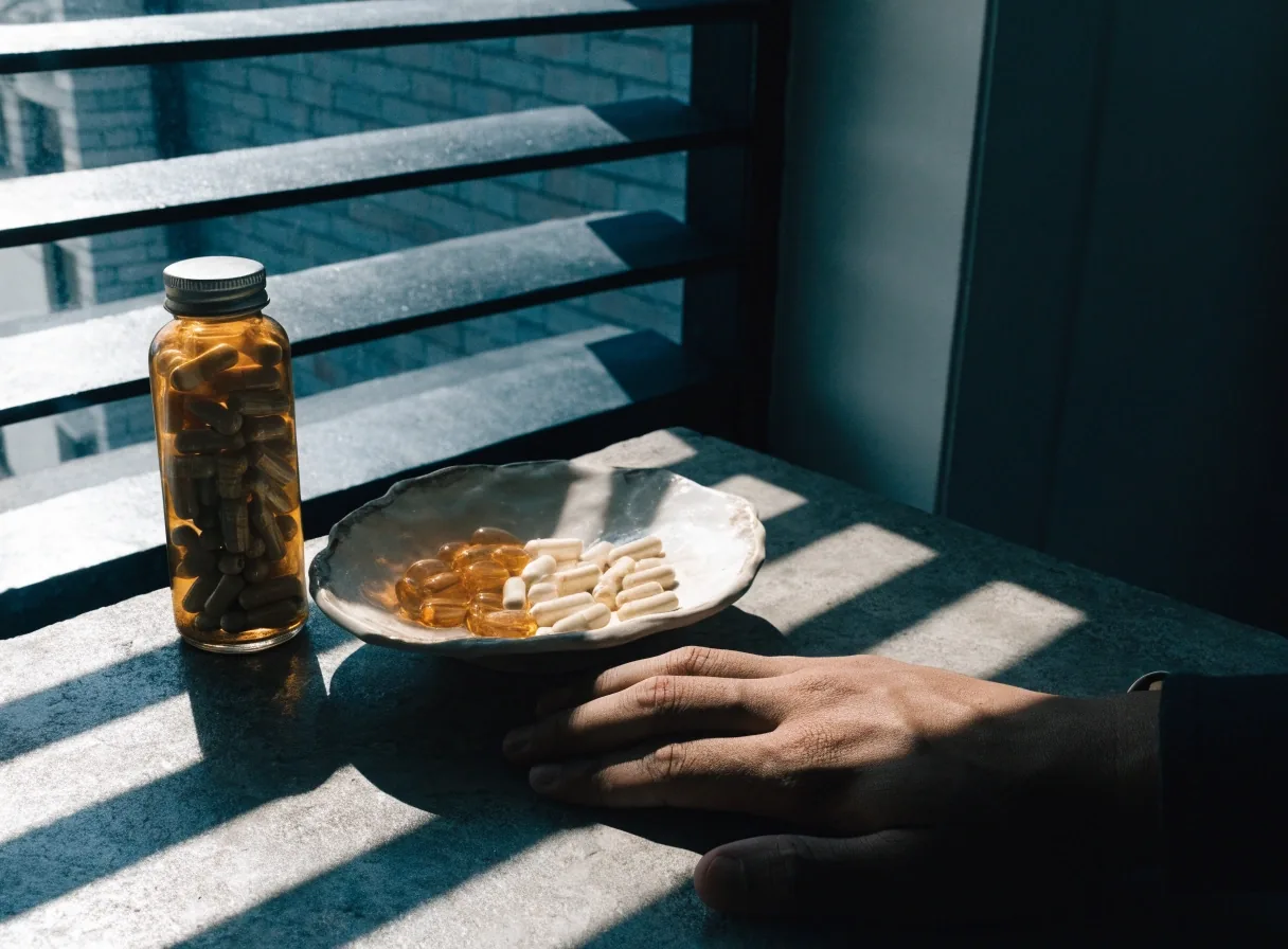 A shallow dish of cream and amber capsules and a closed brown glass bottle on a grey office tabletop