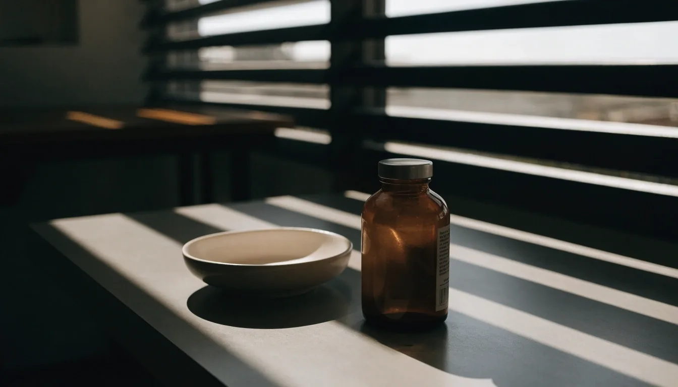 An empty shallow tray and closed brown glass bottles on a grey tabletop in the corner of the TangguhPria editorial office in Makassar