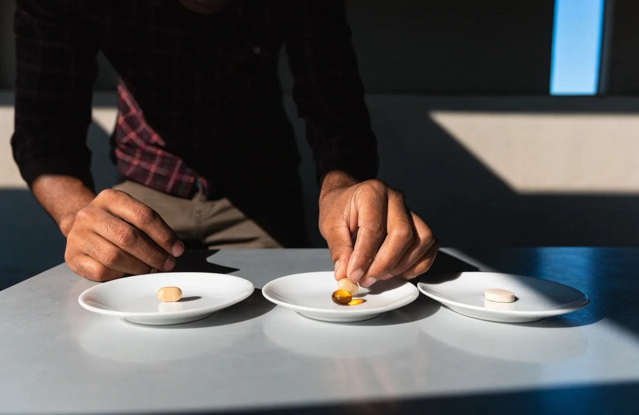 Three shallow white plates holding different capsule formats on a long grey editorial workbench in Makassar