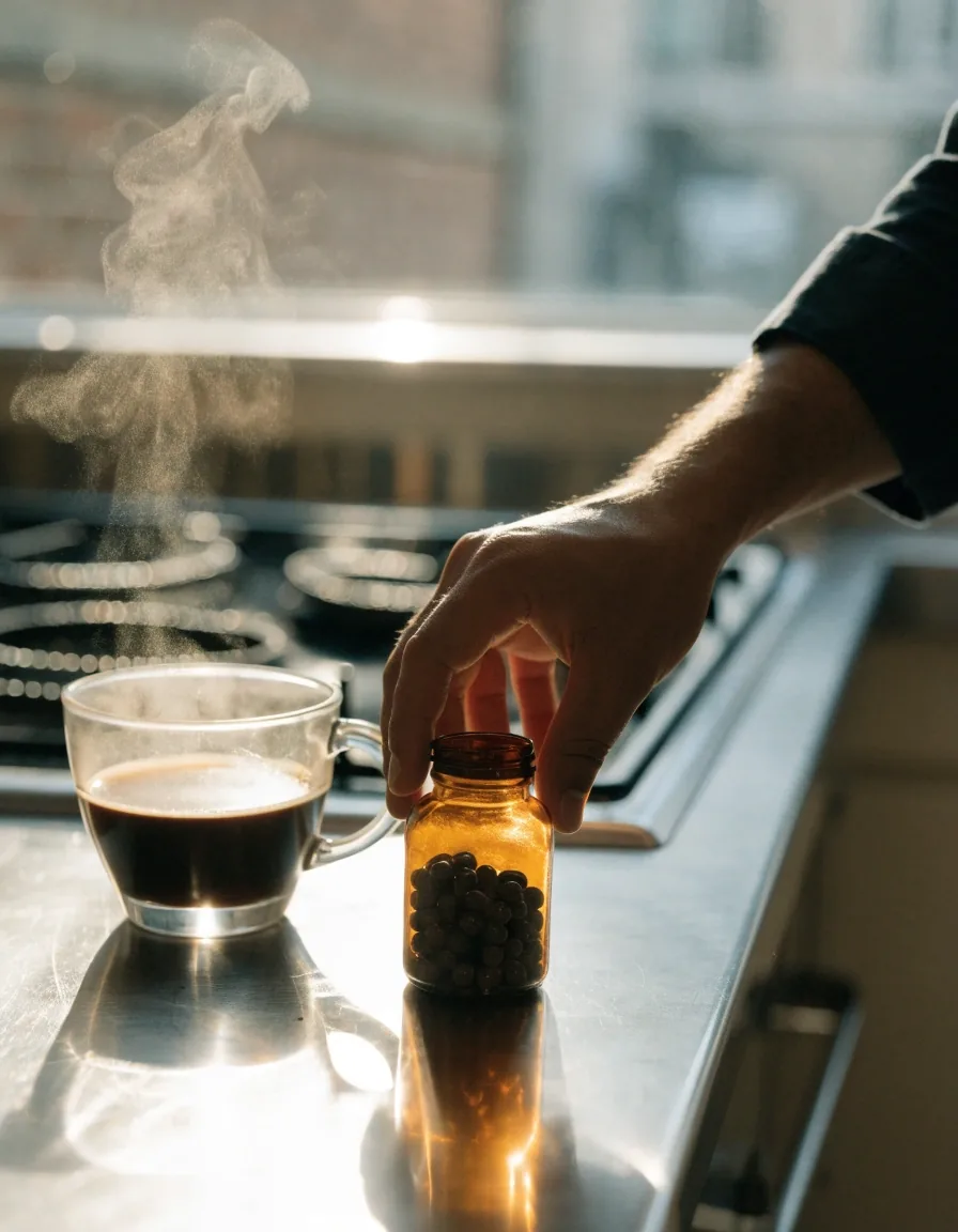 A morning kitchen counter with a mug of coffee beside a closed bottle on a sunlit surface