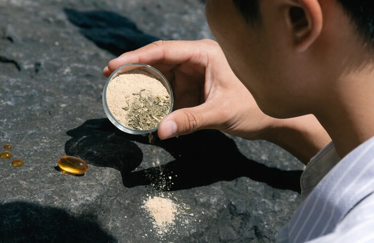 Macro view of botanical powder, amber droplets and tweezers holding a capsule on black stone