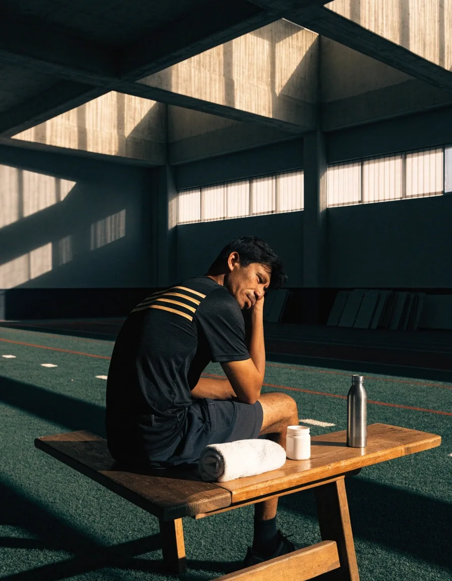 Training floor with a rolled towel, steel bottle and an unmarked jar under hard noon light