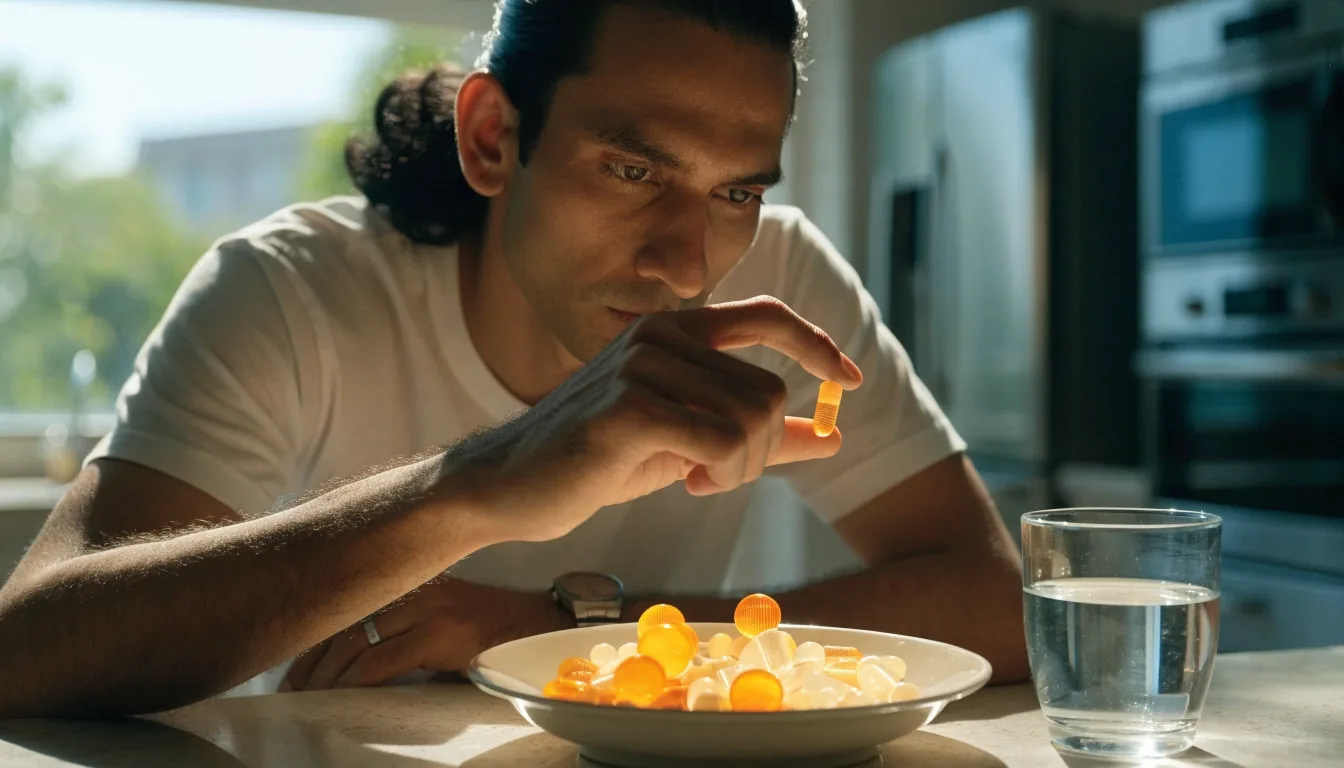 A shallow steel tray of amber and cream capsules on a grey work table under hard noon light, one hand turning two capsules