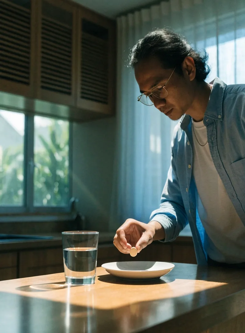 A single large oval tablet resting alone on a plain white plate in hard noon light