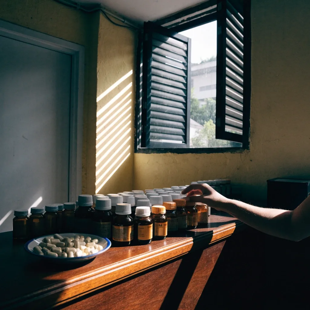 A grey desk with a closed notebook and a dish of capsules in front of an open louvred window with hard noon light