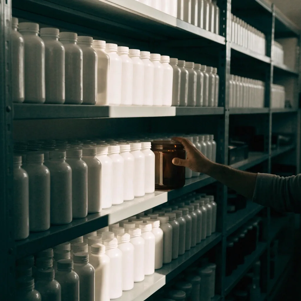A hand placing a plain brown glass jar onto a grey shelf in a cool stock room under hard noon light