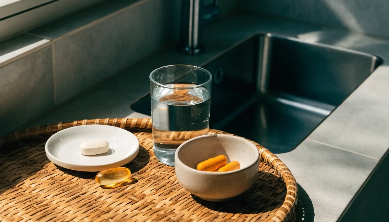 Three plain white plates on a grey table, each holding a different supplement format, with one capsule knocked to the side