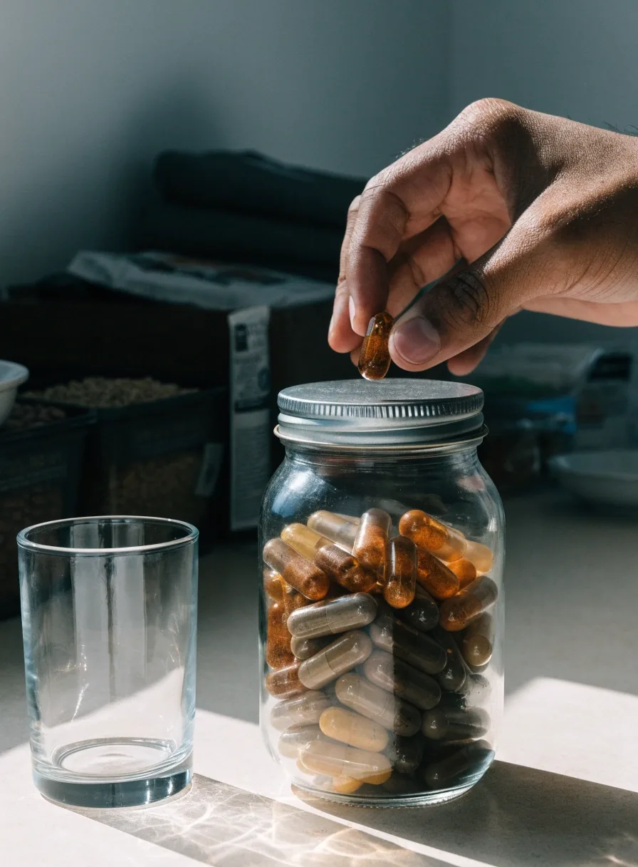 Two capsules and one small tablet fanned out on a white plate