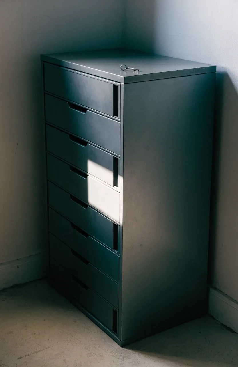 A closed filing cabinet in a daylight office corner where records are kept